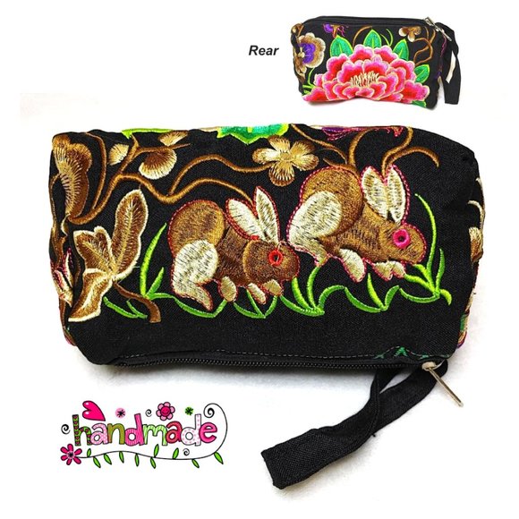 Embroidery Rabbits Floral Fabric Wristlet Pouch Black Brown Red 3-Layer Zippers - Picture 2 of 13